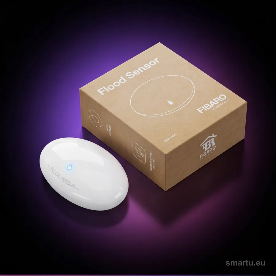 Czujnik zalania FIBARO Flood Sensor FGFS-101 ustawiony na podłodze przy pralce Czujnik zalania FIBARO Flood Sensor FGFS-101 ustawiony na podłodze przy pralce