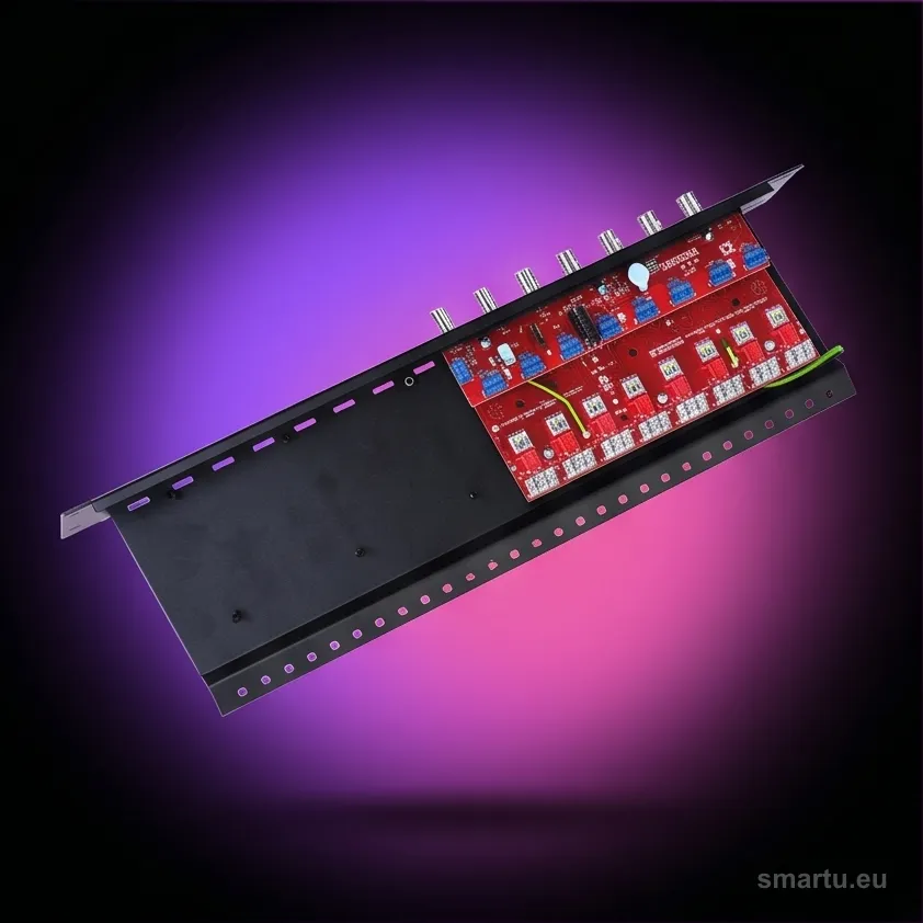 EWIMAR LHSO-8R-EXT-FPS 8-kanałowy separator AHD CVI TVI w szafie rack 19 cali z ochroną przepięciową i zasilaniem