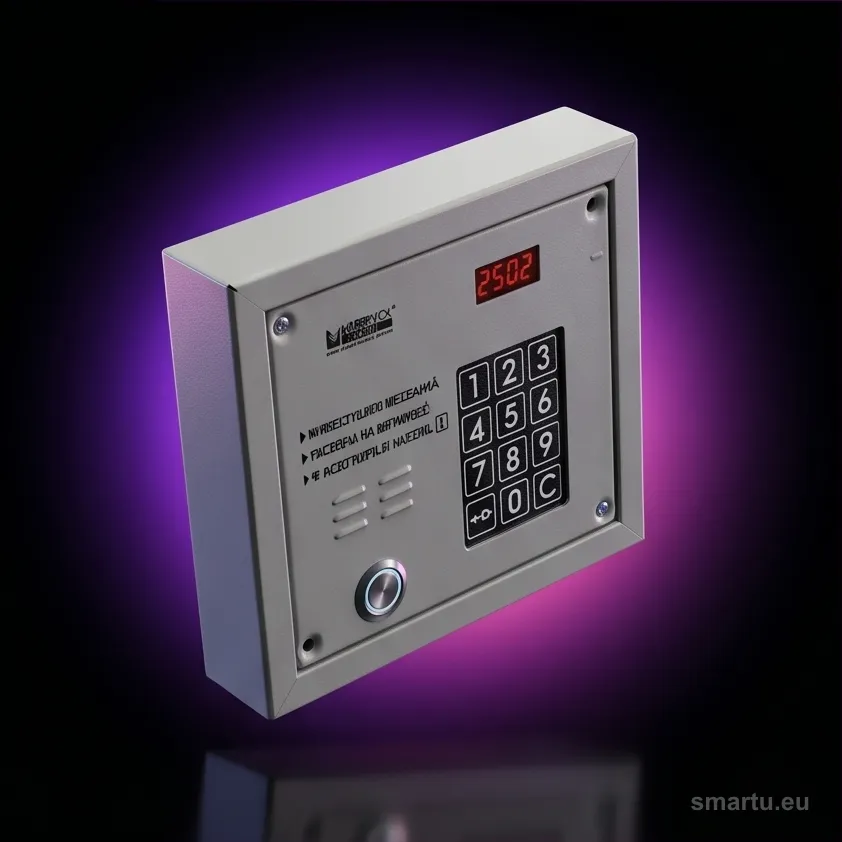 Panel domofonowy Laskomex CP-2503TP srebrny zamontowany przy wejściu do budynku Panel domofonowy Laskomex CP-2503TP srebrny zamontowany przy wejściu do budynku