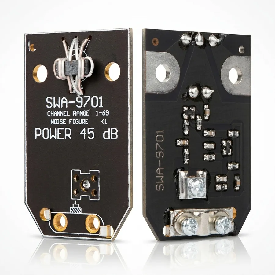 Wzmacniacz antenowy SWA-9701 do anten szerokopasmowych, wzmocnienie 40-45 dB, niskie szumy 1,4 dB, montaż w puszce Wzmacniacz antenowy SWA-9701 do anten szerokopasmowych, wzmocnienie 40-45 dB, niskie szumy 1,4 dB, montaż w puszce