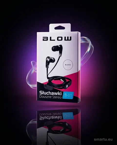 BLOW B-11 BLACK Słuchawki douszne z mikrofonem, płaski przewód 1,2m, Jack 3,5mm, 3 rozmiary nakładek, ujęcie 1