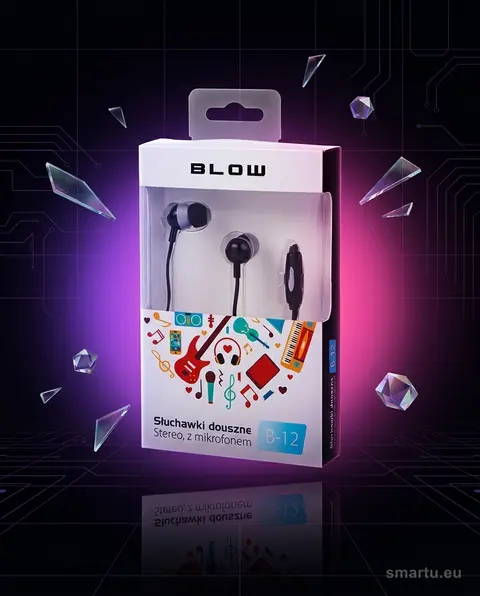Słuchawki BLOW B-12 BLACK douszne z mikrofonem, płaski kabel, Jack 3,5mm, 1,2m Słuchawki BLOW B-12 BLACK douszne z mikrofonem, płaski kabel, Jack 3,5mm, 1,2m