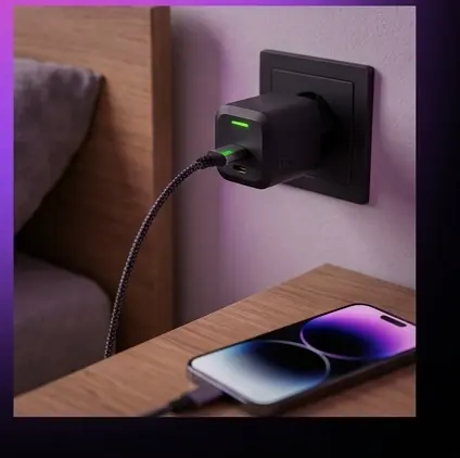 Opakowanie ładowarki Green Cell PowerGaN 33W CHARGC06 ze specyfikacją Opakowanie ładowarki Green Cell PowerGaN 33W CHARGC06 ze specyfikacją