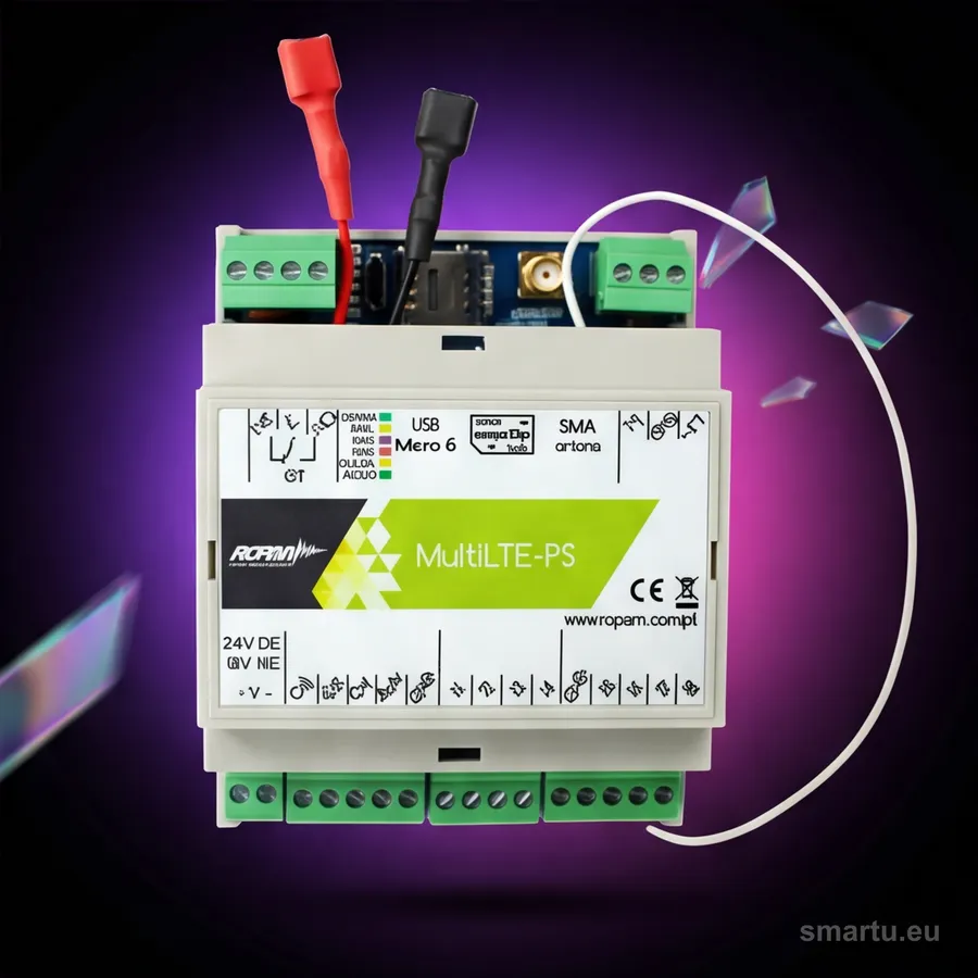Ropam MultiLTE-PS-D4M moduł powiadamiania LTE na szynie DIN - widok z przodu Ropam MultiLTE-PS-D4M moduł powiadamiania LTE na szynie DIN - widok z przodu