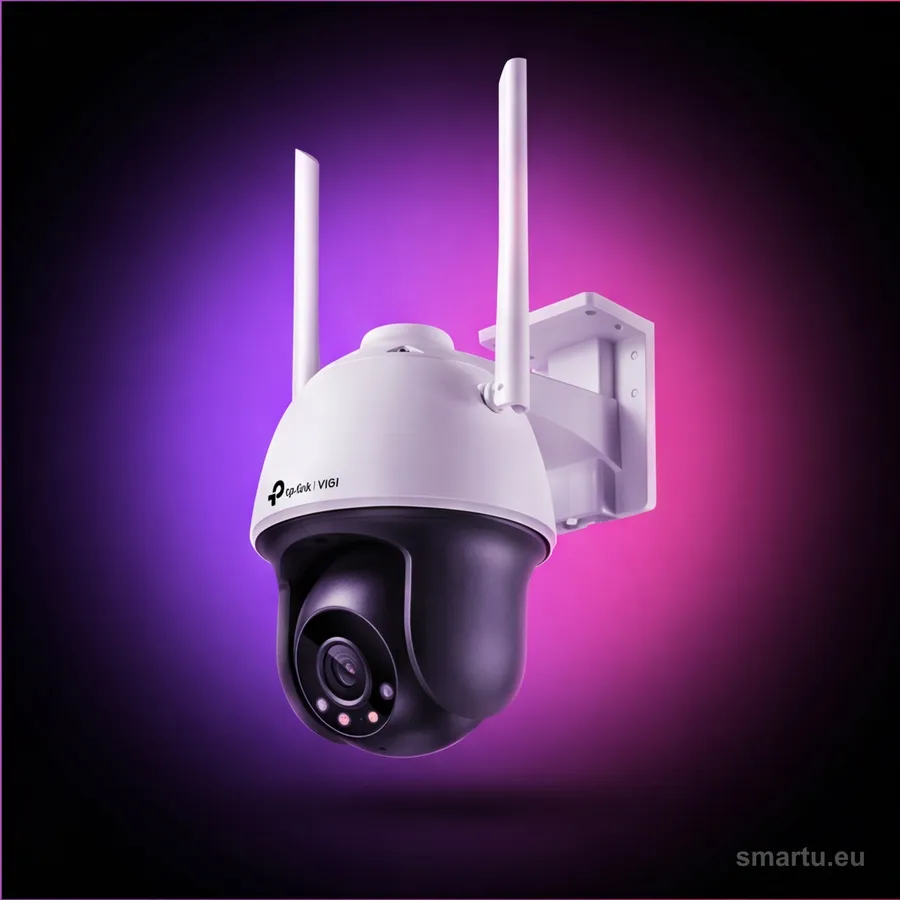 Obrotowa kamera WiFi TP-Link VIGI C540-W na białej ścianie pod okapem Obrotowa kamera WiFi TP-Link VIGI C540-W na białej ścianie pod okapem
