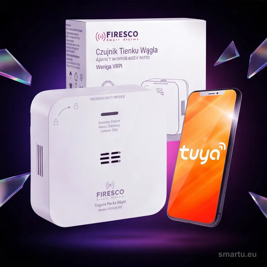 Firesco FCO-850 WF czujnik czadu WiFi Tuya stojący na szafce nocnej - widok z przodu Firesco FCO-850 WF czujnik czadu WiFi Tuya stojący na szafce nocnej - widok z przodu