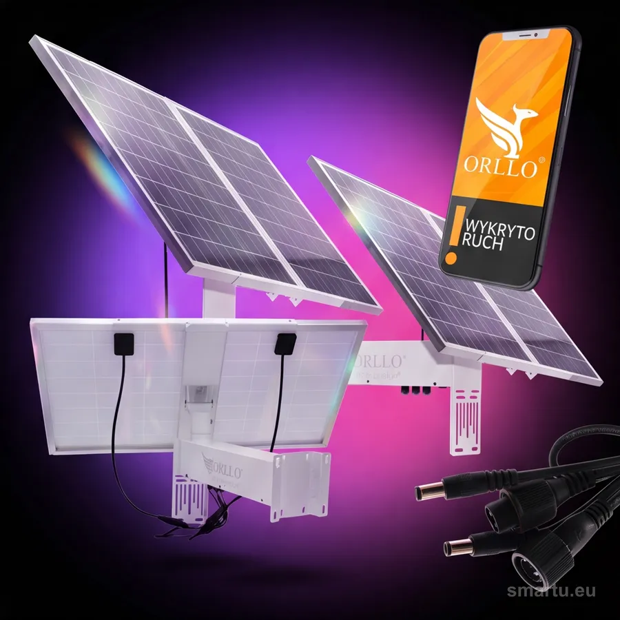 Panel solarny ORLLO SM6030 PRO 60W z wbudowanym akumulatorem na szarej ścianie Panel solarny ORLLO SM6030 PRO 60W z wbudowanym akumulatorem na szarej ścianie