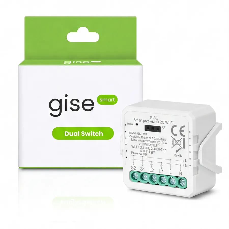 GISE Smart Podwójny moduł przekaźnikowy WiFi | Tuya | GDS-WF GISE Smart Podwójny moduł przekaźnikowy WiFi | Tuya | GDS-WF