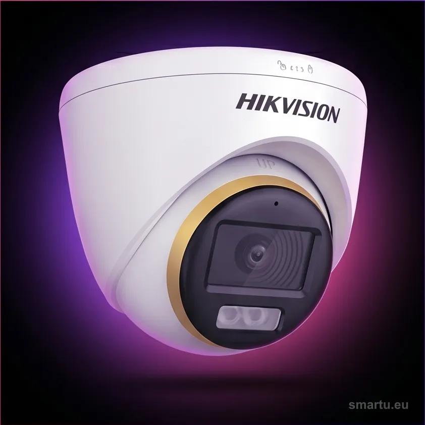 Kamera kopułkowa Hikvision DS-2CE72DF3T-LSE ColorVu na elewacji domu Kamera kopułkowa Hikvision DS-2CE72DF3T-LSE ColorVu na elewacji domu