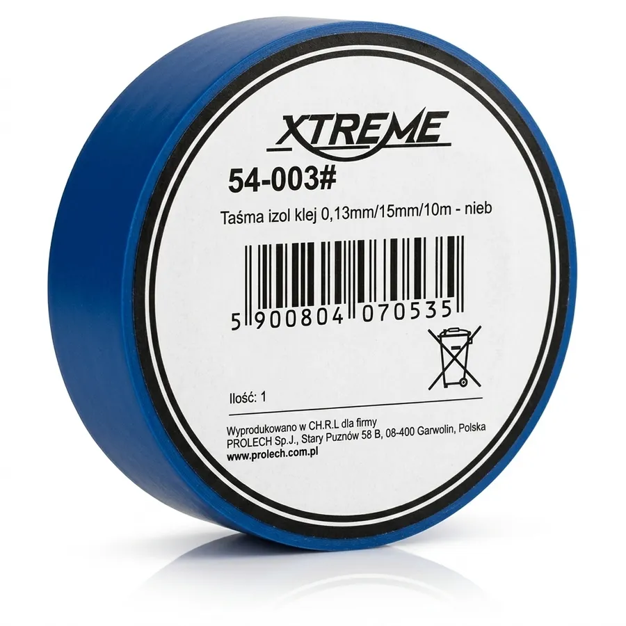 Taśma izolacyjna XTREME PVC 0,13mm/15mm/10m niebieska, wytrzymała izolacja elektryczna, uszczelnianie połączeń Taśma izolacyjna XTREME PVC 0,13mm/15mm/10m niebieska, wytrzymała izolacja elektryczna, uszczelnianie połączeń