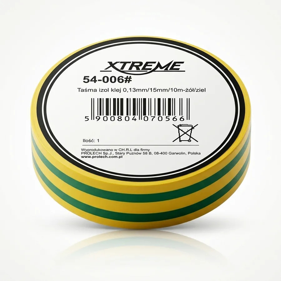 Taśma izolacyjna XTREME PVC 0,13mm/15mm/10m żółto-zielona, elektryczna, samoprzylepna Taśma izolacyjna XTREME PVC 0,13mm/15mm/10m żółto-zielona, elektryczna, samoprzylepna