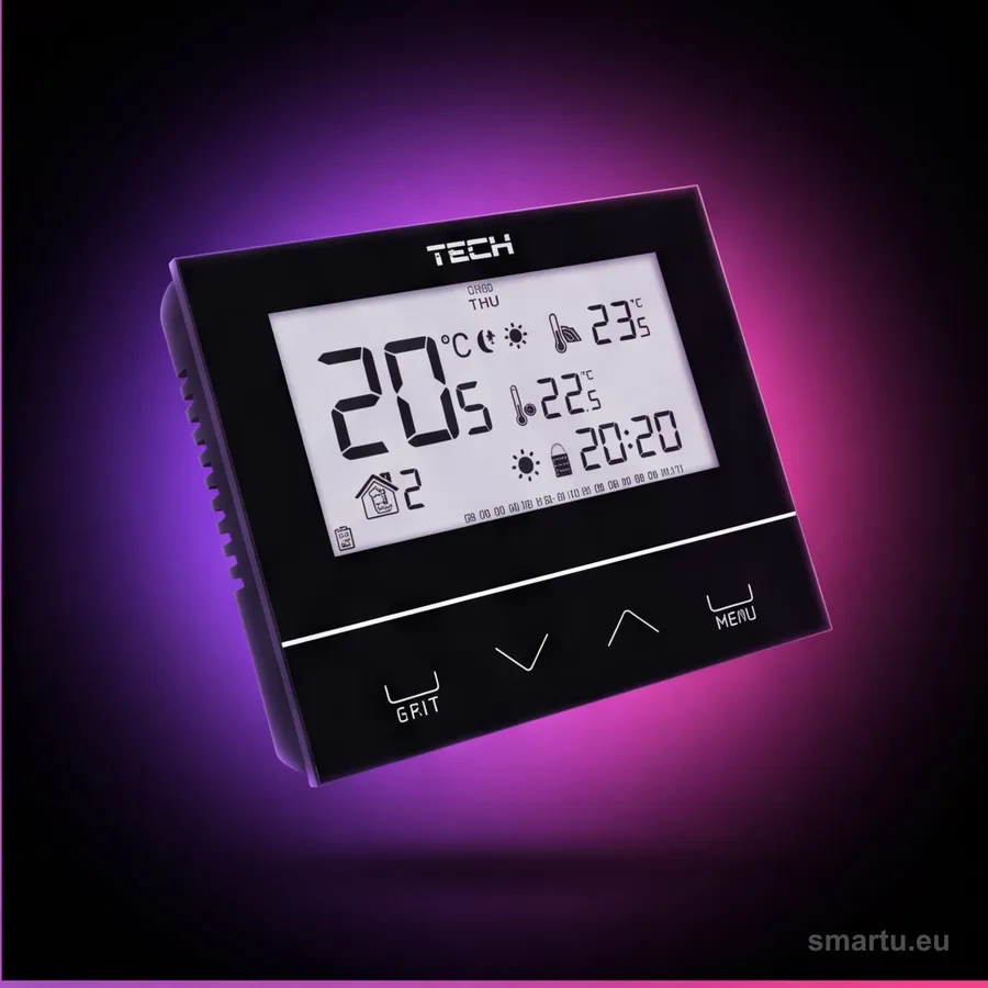 Czarny regulator pokojowy TECH ST-292v3 ze szklanym panelem na ścianie Czarny regulator pokojowy TECH ST-292v3 ze szklanym panelem na ścianie