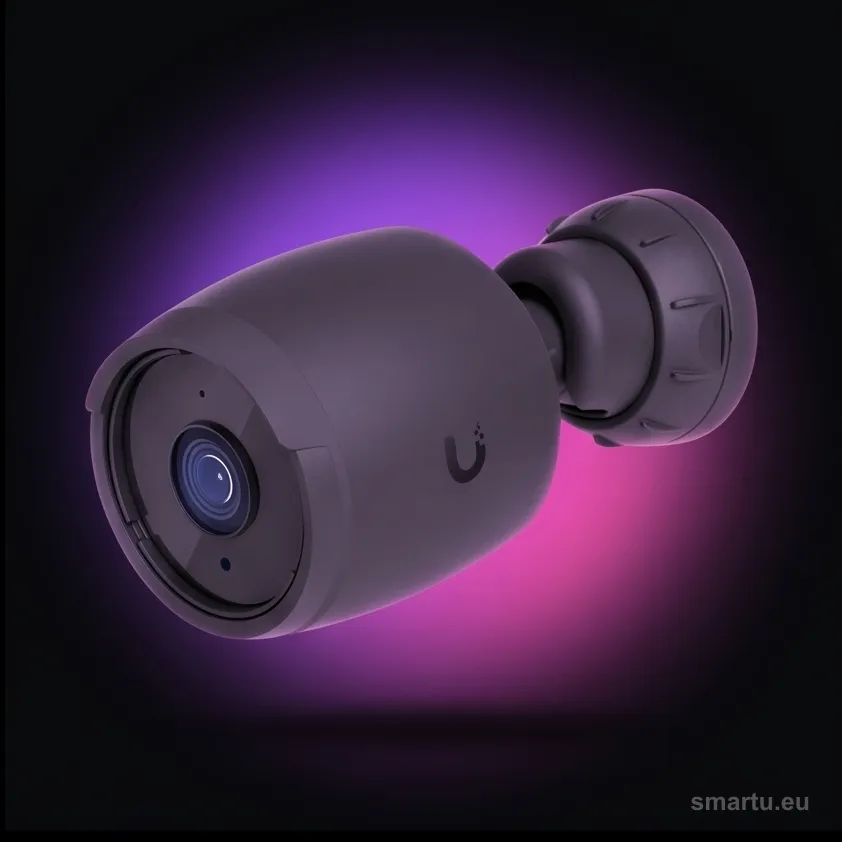 Kamera IP 4K Ubiquiti UniFi G6 Bullet czarna zamontowana na zewnętrznej ścianie budynku Kamera IP 4K Ubiquiti UniFi G6 Bullet czarna zamontowana na zewnętrznej ścianie budynku