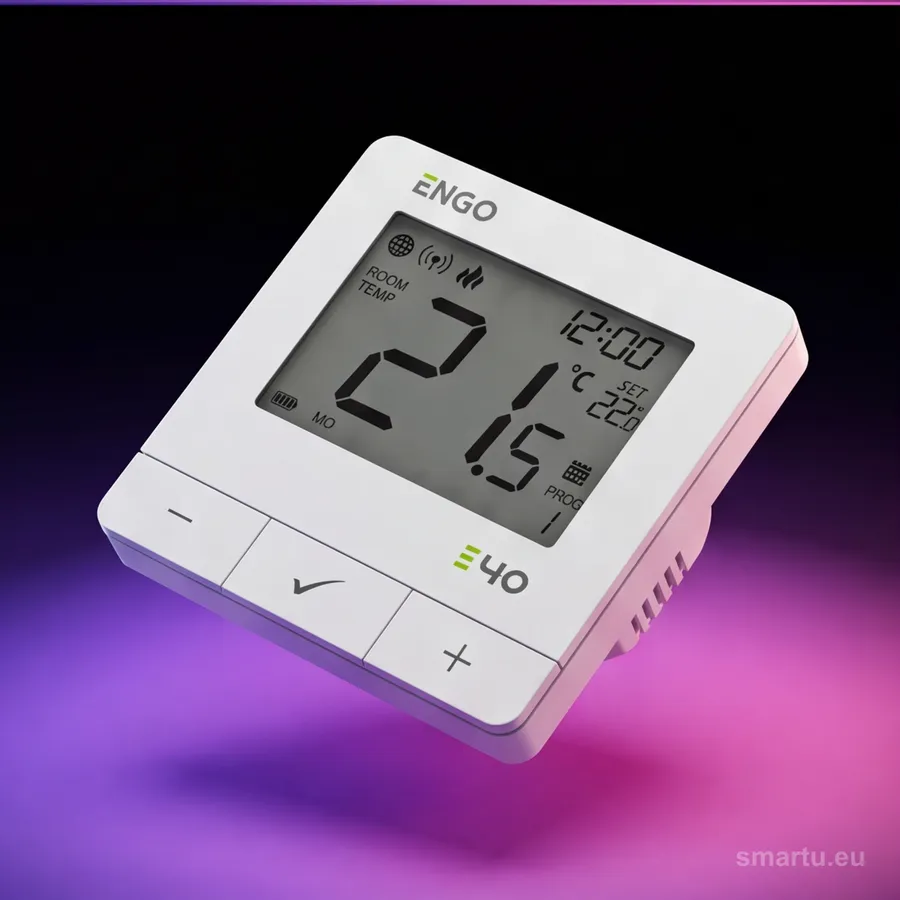 Termostat ENGO E40-BATW ZigBee 868MHz programowany, bateryjny, natynkowy regulator temperatury, biały, sterowanie z aplikacji, ujęcie 1