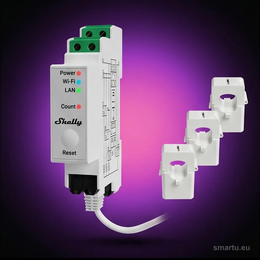 Shelly Pro 3EM 120A trójfazowy licznik energii WiFi LAN, pomiar 3x120A, szyna DIN, ujęcie 1