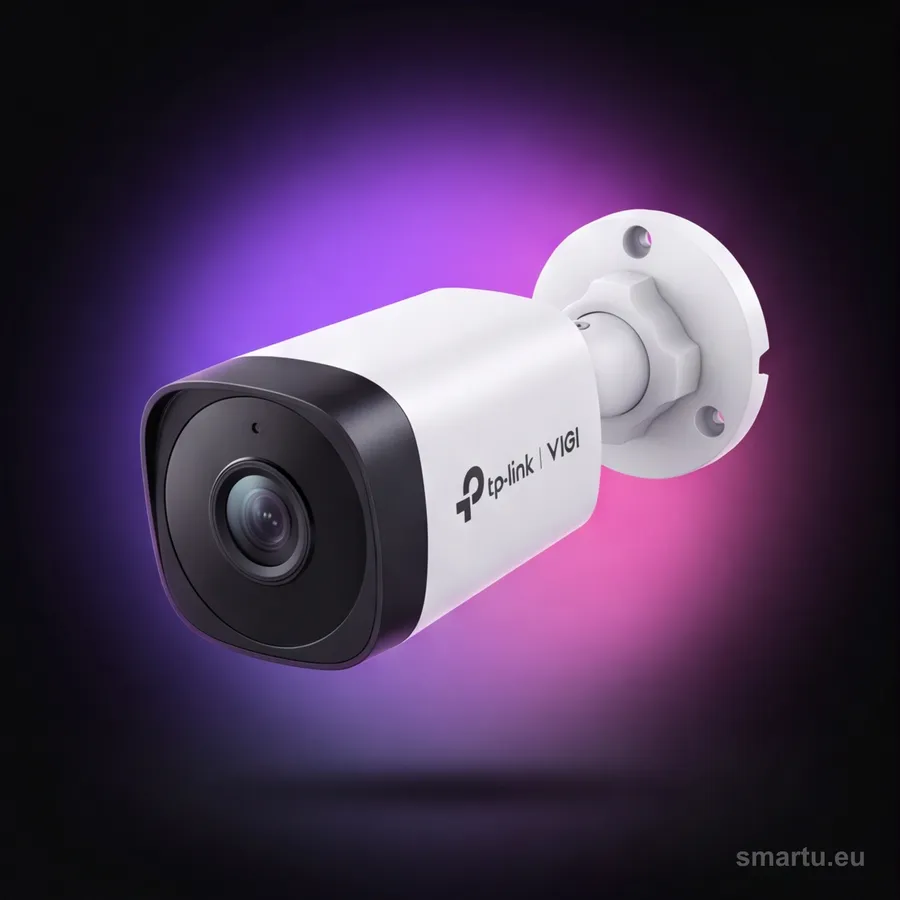 Kamera IP TP-Link InSight VIGI S385 8MP 4K Full-Color bullet zamontowana przy wejściu do budynku Kamera IP TP-Link InSight VIGI S385 8MP 4K Full-Color bullet zamontowana przy wejściu do budynku