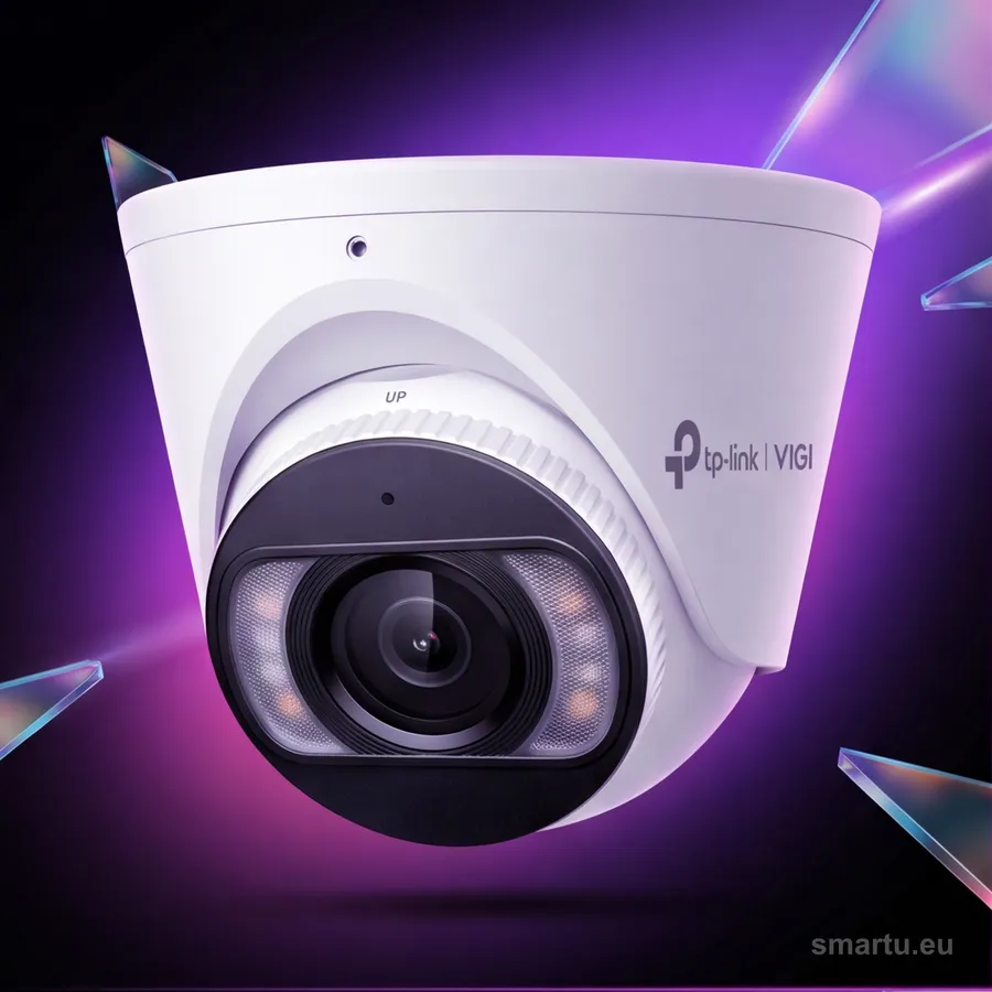 Kamera TP-Link VIGI C455 typu turret na elewacji budynku Kamera TP-Link VIGI C455 typu turret na elewacji budynku