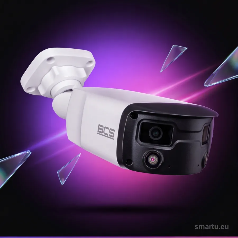 Kamera panoramiczna IP 8 MP BCS Point BCS-P-PTIP2X4FCL3-Ai2, widok frontu z dwoma obiektywami Kamera panoramiczna IP 8 MP BCS Point BCS-P-PTIP2X4FCL3-Ai2, widok frontu z dwoma obiektywami
