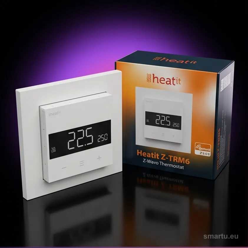Termostat Heatit Z-TRM6 w bieli RAL 9003 na ścianie salonu Termostat Heatit Z-TRM6 w bieli RAL 9003 na ścianie salonu