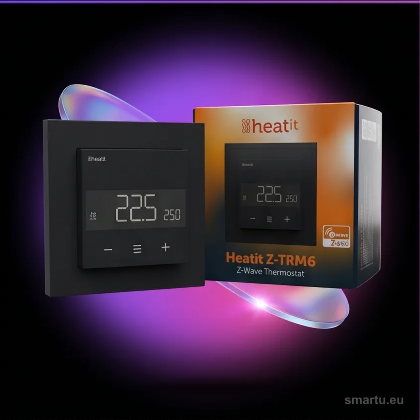 Czarny matowy termostat Heatit Z-TRM6 na ścianie pokoju Czarny matowy termostat Heatit Z-TRM6 na ścianie pokoju