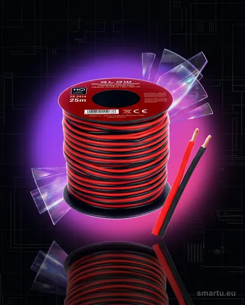 Przewód głośnikowy 2×0,35mm 25m czarno-czerwony do systemów audio Przewód głośnikowy 2×0,35mm 25m czarno-czerwony do systemów audio
