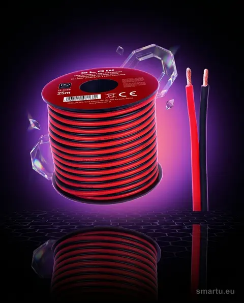 Przewód głośnikowy 2×1,50mm czarno-czerwony 25m do systemów audio Przewód głośnikowy 2×1,50mm czarno-czerwony 25m do systemów audio