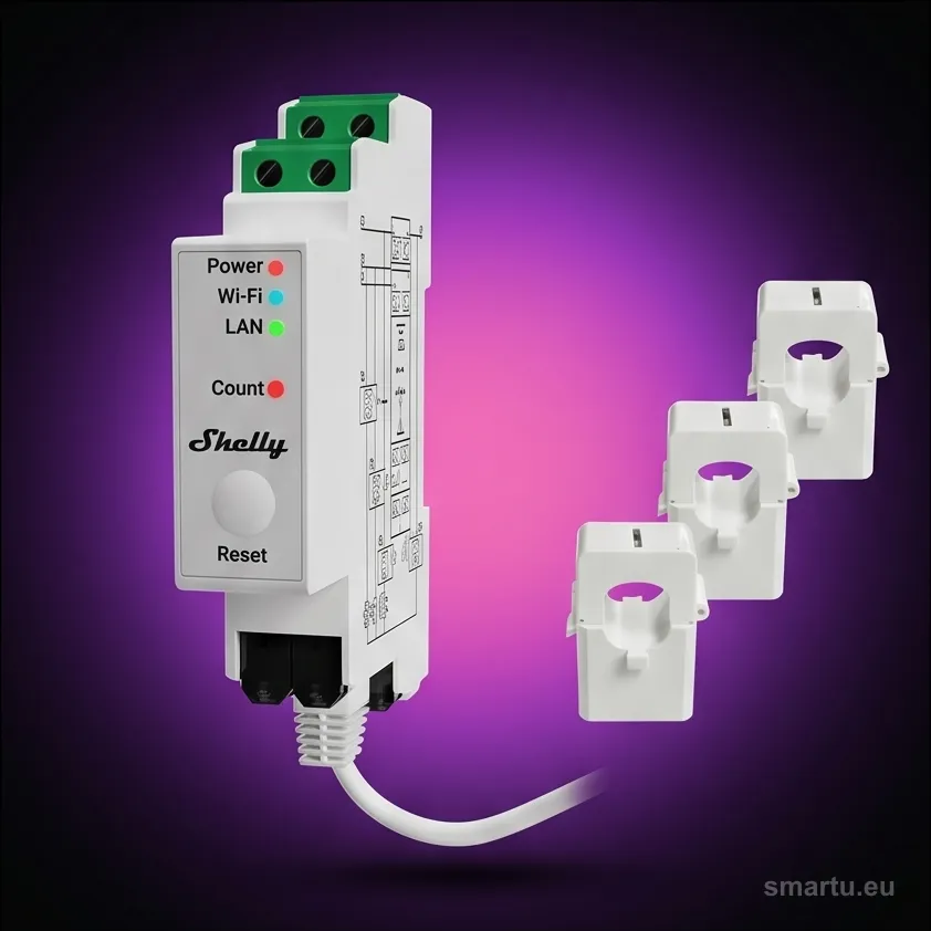 Shelly Pro 3EM 120A V2 trójfazowy licznik energii Gen2, mTLS, 3x120A, szyna DIN, ujęcie 1