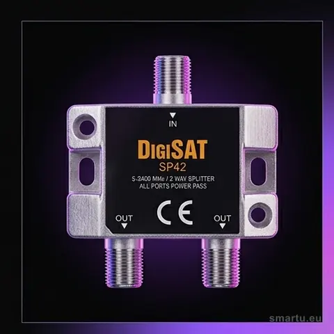 Rozgałęźnik F DigiSat SP42 5-2400MHz 1 wejście na 2 wyjścia, ekranowany, odlewana obudowa cynkowa Rozgałęźnik F DigiSat SP42 5-2400MHz 1 wejście na 2 wyjścia, ekranowany, odlewana obudowa cynkowa
