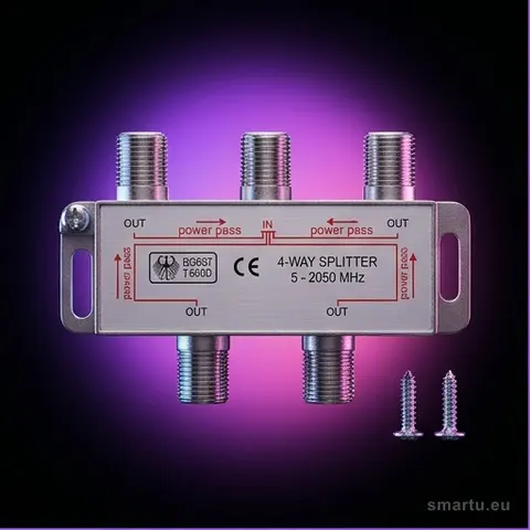 Rozgałęźnik F BZT 5-2050MHz, duży, 1 wejście na 4 wyjścia, do instalacji antenowych i telewizyjnych Rozgałęźnik F BZT 5-2050MHz, duży, 1 wejście na 4 wyjścia, do instalacji antenowych i telewizyjnych