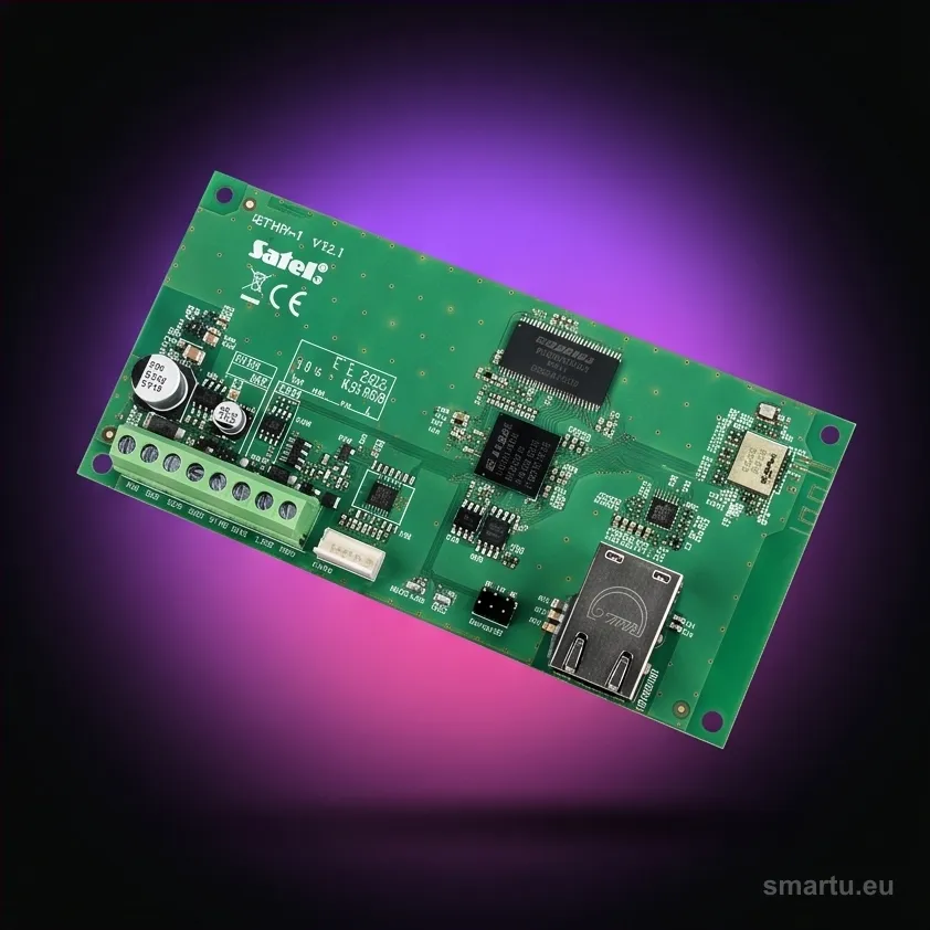 Moduł SATEL ETHM-1 Plus podłączony do centrali alarmowej z kablem Ethernet Moduł SATEL ETHM-1 Plus podłączony do centrali alarmowej z kablem Ethernet