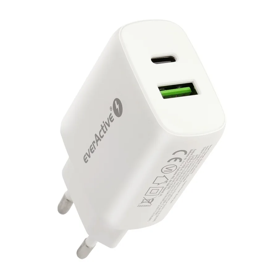 Ładowarka everActive USB/USB-C QC3.0 25W Biała — zdjęcie producenta Ładowarka everActive USB/USB-C QC3.0 25W Biała — zdjęcie producenta