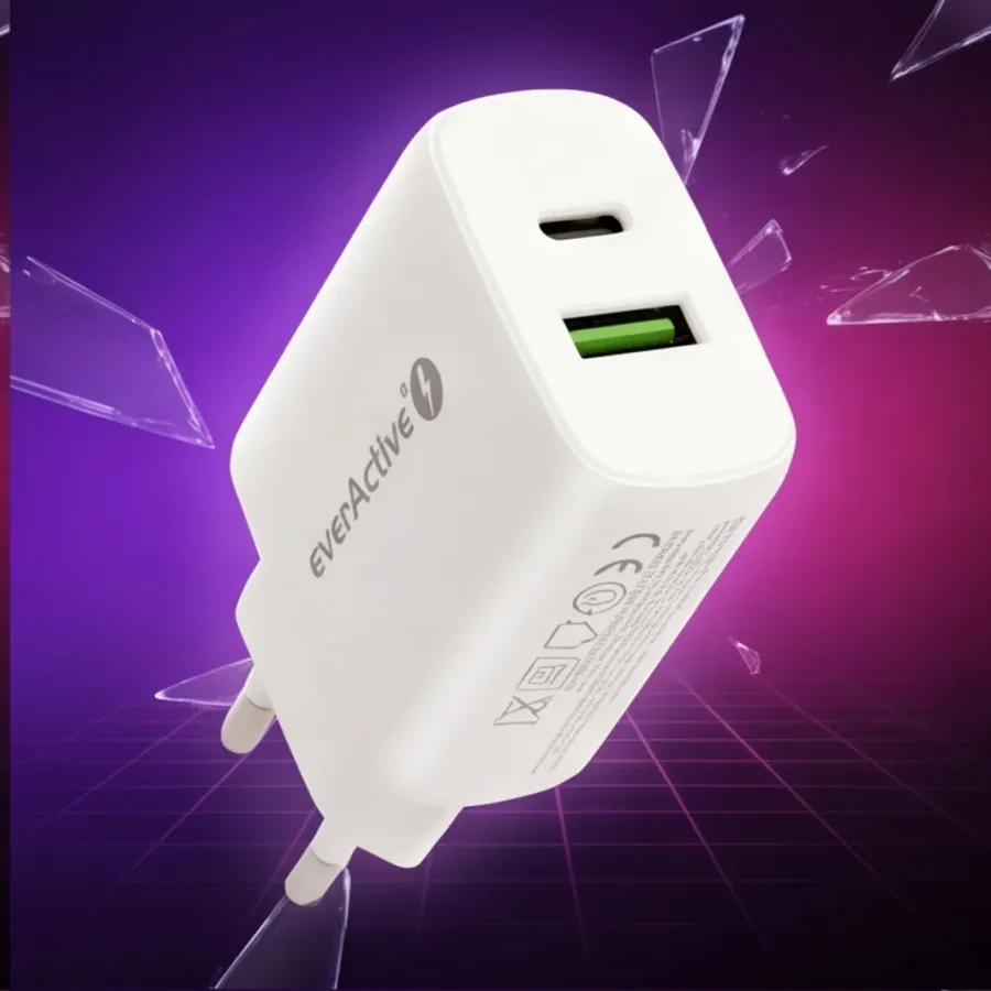 Ładowarka everActive USB/USB-C QC3.0 25W Biała — zdjęcie główne, smartu.eu Ładowarka everActive USB/USB-C QC3.0 25W Biała — zdjęcie główne, smartu.eu