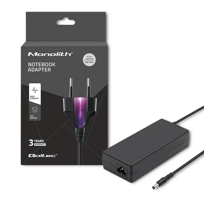 Zasilacz Qoltec desktopowy 60W | 12V | 5A | 5.5*2.1 + kabel zasilający — zdjęcie producenta