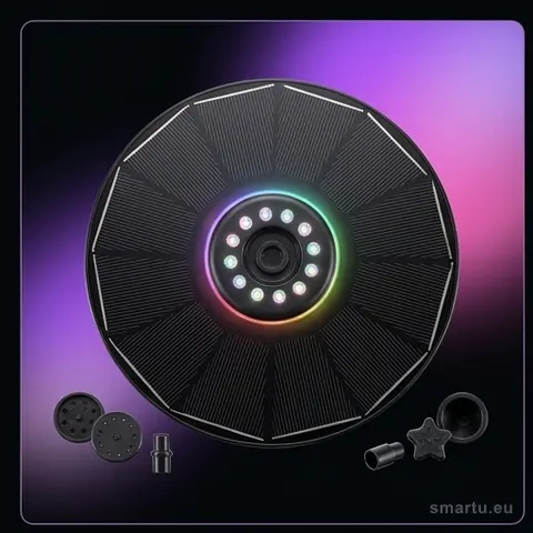 Solarna fontanna pływająca LUARO LED RGB do oczka wodnego 16 cm, 8 dysz, panel 1,4W, strumień do 55 cm