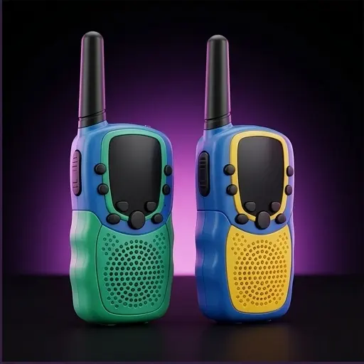 Dwie krótkofalówki walkie talkie dla dzieci leżące obok siebie - widok z góry Dwie krótkofalówki walkie talkie dla dzieci leżące obok siebie - widok z góry