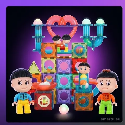 Klocki magnetyczne świecący tor kulkowy marble run 202 elementy, zestaw STEM dla dzieci 3+