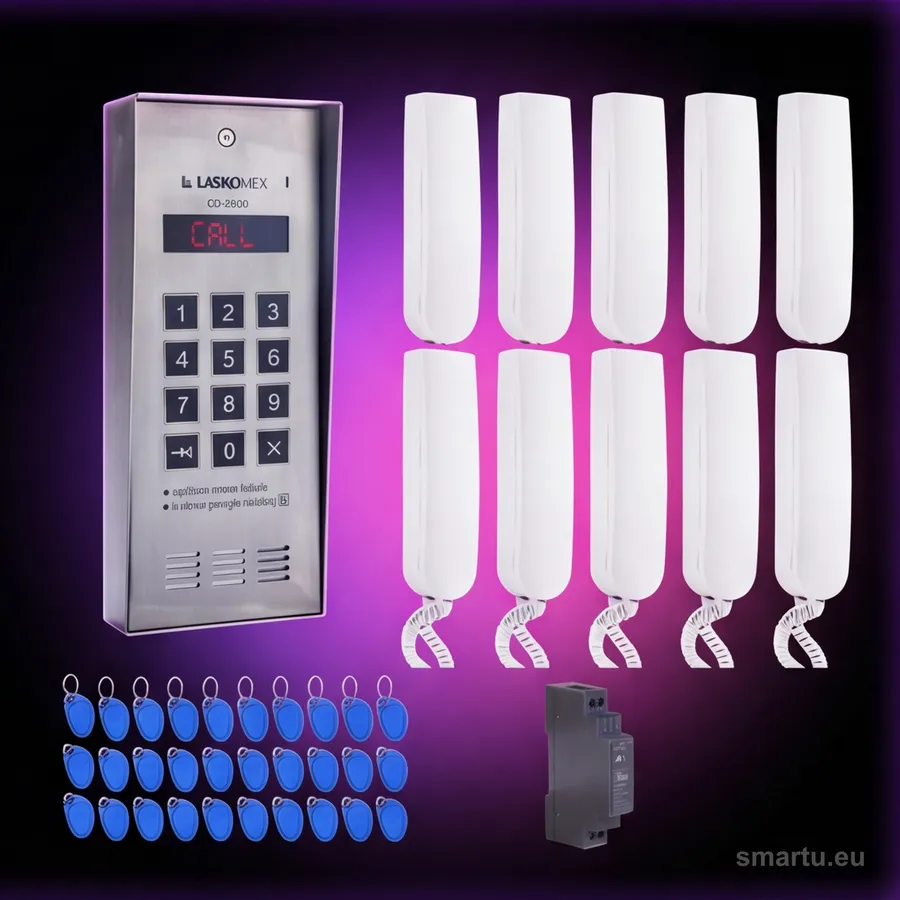 Kompletny system domofonu Laskomex LC10 panel i unifony na białym tle Kompletny system domofonu Laskomex LC10 panel i unifony na białym tle