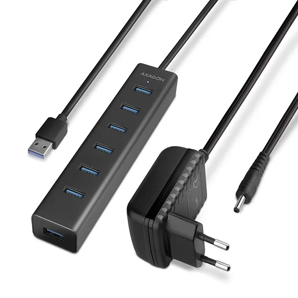 AXAGON HUE-SA7BP Hub 7-portowy USB 3.2 GEN 1 aluminum charging hub, AC adapter — zdjęcie producenta
