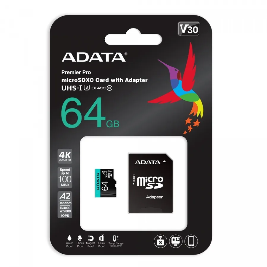 Karta Adata pamięci microSD Premier Pro 64GB UHS1 U3 V30 A2 + adapter — zdjęcie producenta