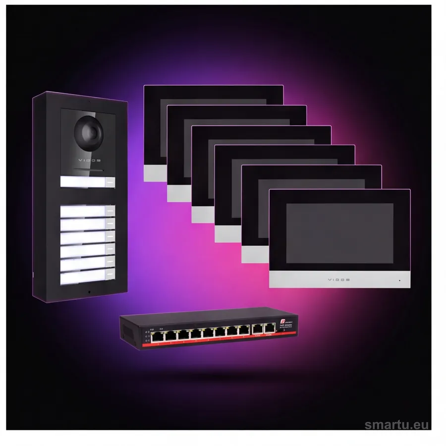Wideodomofon IP VIDOS ONE X162 stacja bramowa S2402 i 6 monitorów M2010 widok zestawu Wideodomofon IP VIDOS ONE X162 stacja bramowa S2402 i 6 monitorów M2010 widok zestawu