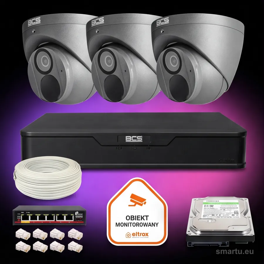 Zestaw monitoringu IP BCS Point 3x Kamera BCS-P-EIP28FWR3-Ai2-G Rejestrator z dyskiem