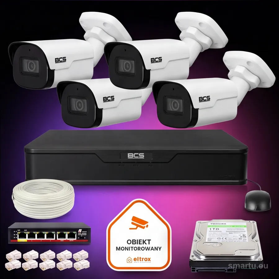 Zestaw monitoringu IP BCS Point 4x Kamera BCS-P-TIP24FSR4-Ai2 Rejestrator z dyskiem 1TB