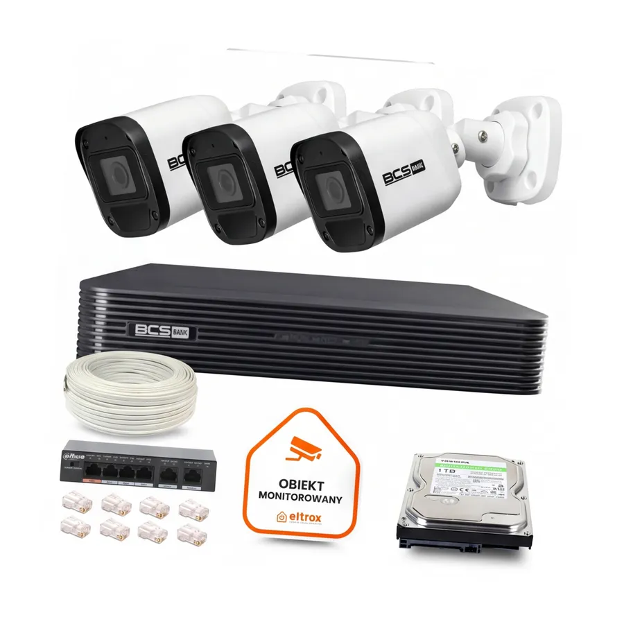 Zestaw monitoringu IP BCS Basic 3x Kamera BCS-B-TIP15FR3(2.0) Rejestrator z dyskiem Zestaw monitoringu IP BCS Basic 3x Kamera BCS-B-TIP15FR3(2.0) Rejestrator z dyskiem