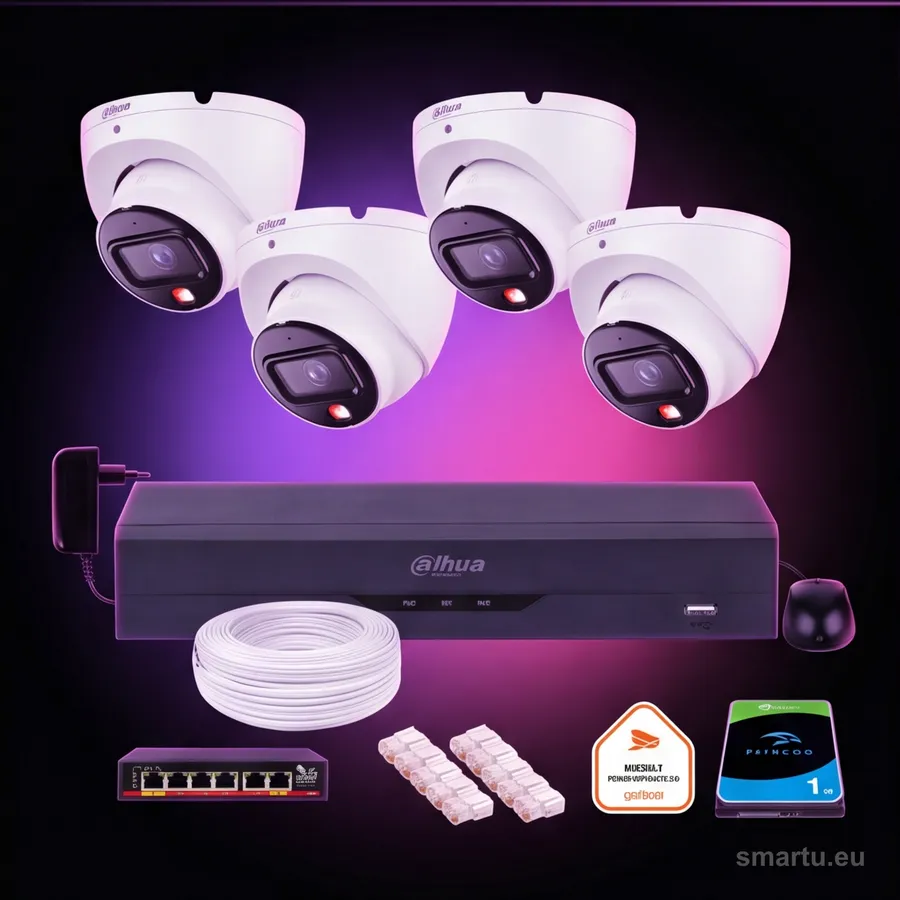 Dahua zestaw monitoringu IP 4 kamery zewnętrzne 6 Mpx Dual Light PoE NVR dysk 1TB gotowy do instalacji Dahua zestaw monitoringu IP 4 kamery zewnętrzne 6 Mpx Dual Light PoE NVR dysk 1TB gotowy do instalacji