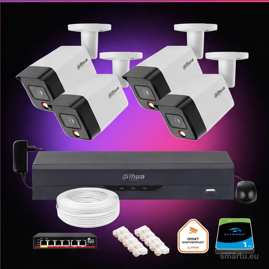 Dahua 4 kamery zewnętrzne IP 6Mpx Dual Light PoE NVR z dyskiem, zestaw monitoringu domu i firmy Dahua 4 kamery zewnętrzne IP 6Mpx Dual Light PoE NVR z dyskiem, zestaw monitoringu domu i firmy